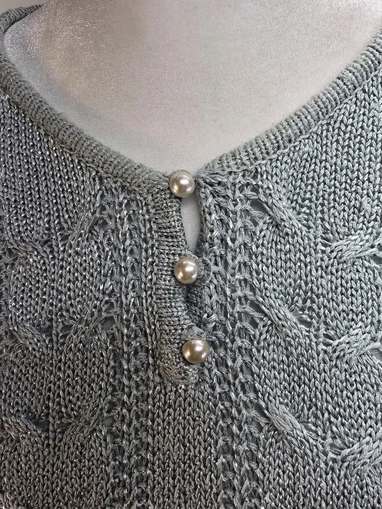 Worthington Sage Green V-Neck Cable Knit Sweater with Button Detail. 60% Silk - Picture 5 of 11